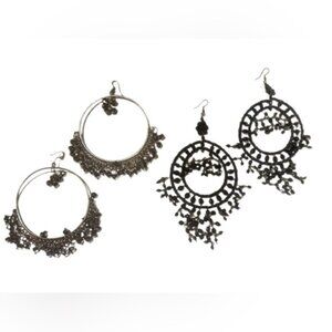 Lot of 2 Statement Circular Trend Black Bohemian Hoop and Chandelier Earrings OS